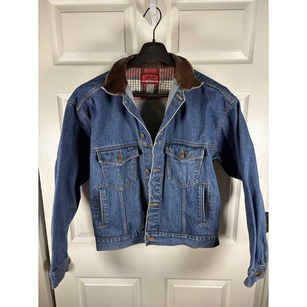 VTG 90s Marlboro Country Store Denim Jacket Leather Collar Flannel Lined Mens L